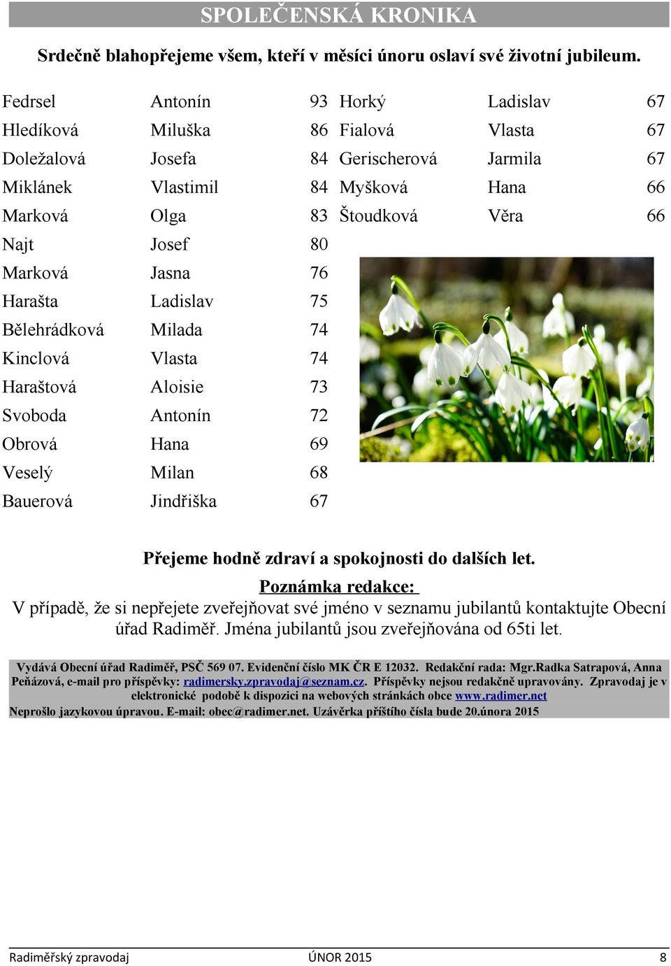 Haraštová Aloisie 73 Svoboda Antonín 72 Obrová Hana 69 Veselý Milan 68 Bauerová Jindřiška 67 Horký Ladislav 67 Fialová Vlasta 67 Gerischerová Jarmila 67 Myšková Hana 66 Štoudková Věra 66 Přejeme