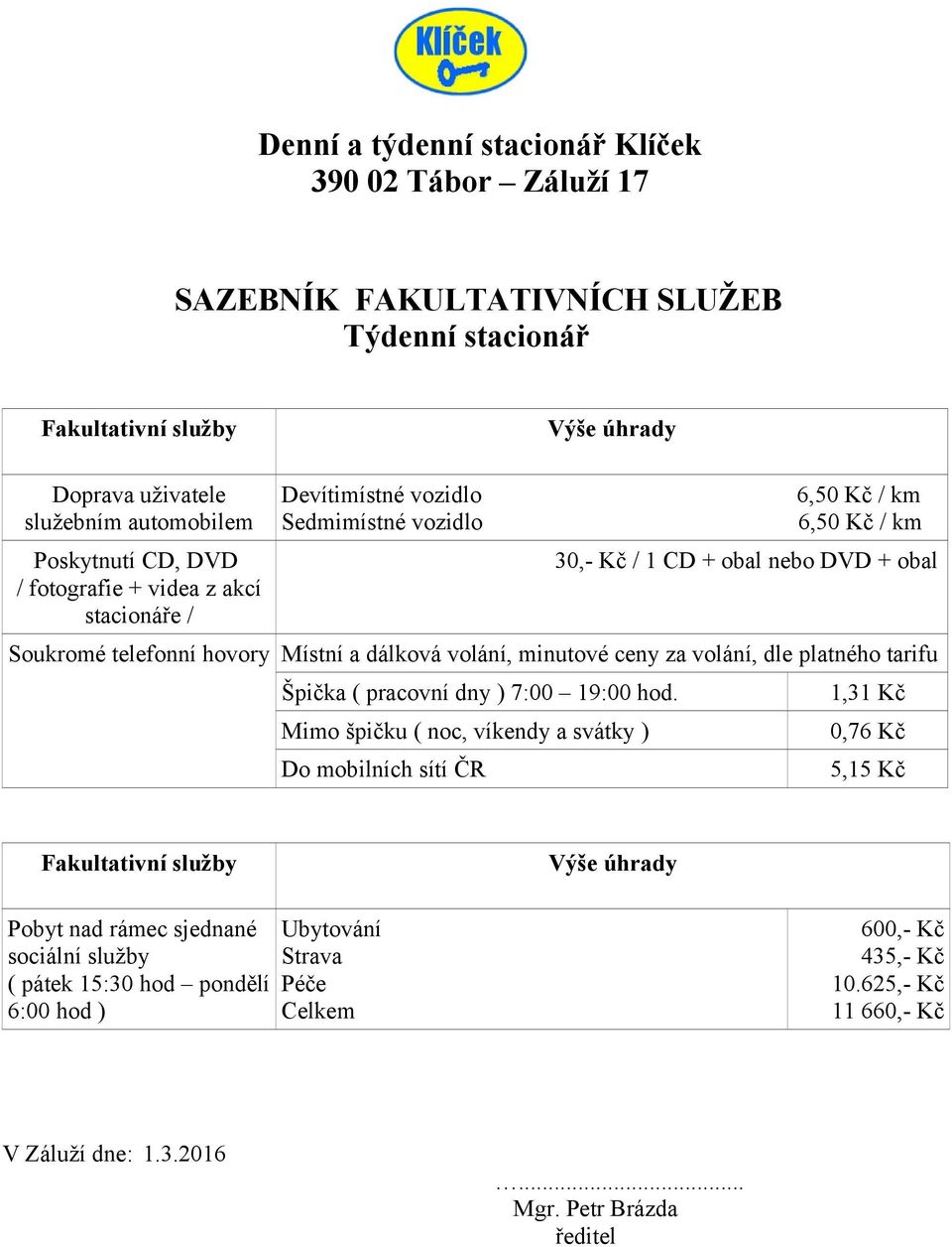 minutové ceny za volání, dle platného tarifu Špička ( pracovní dny ) 7:00 19:00 hod.