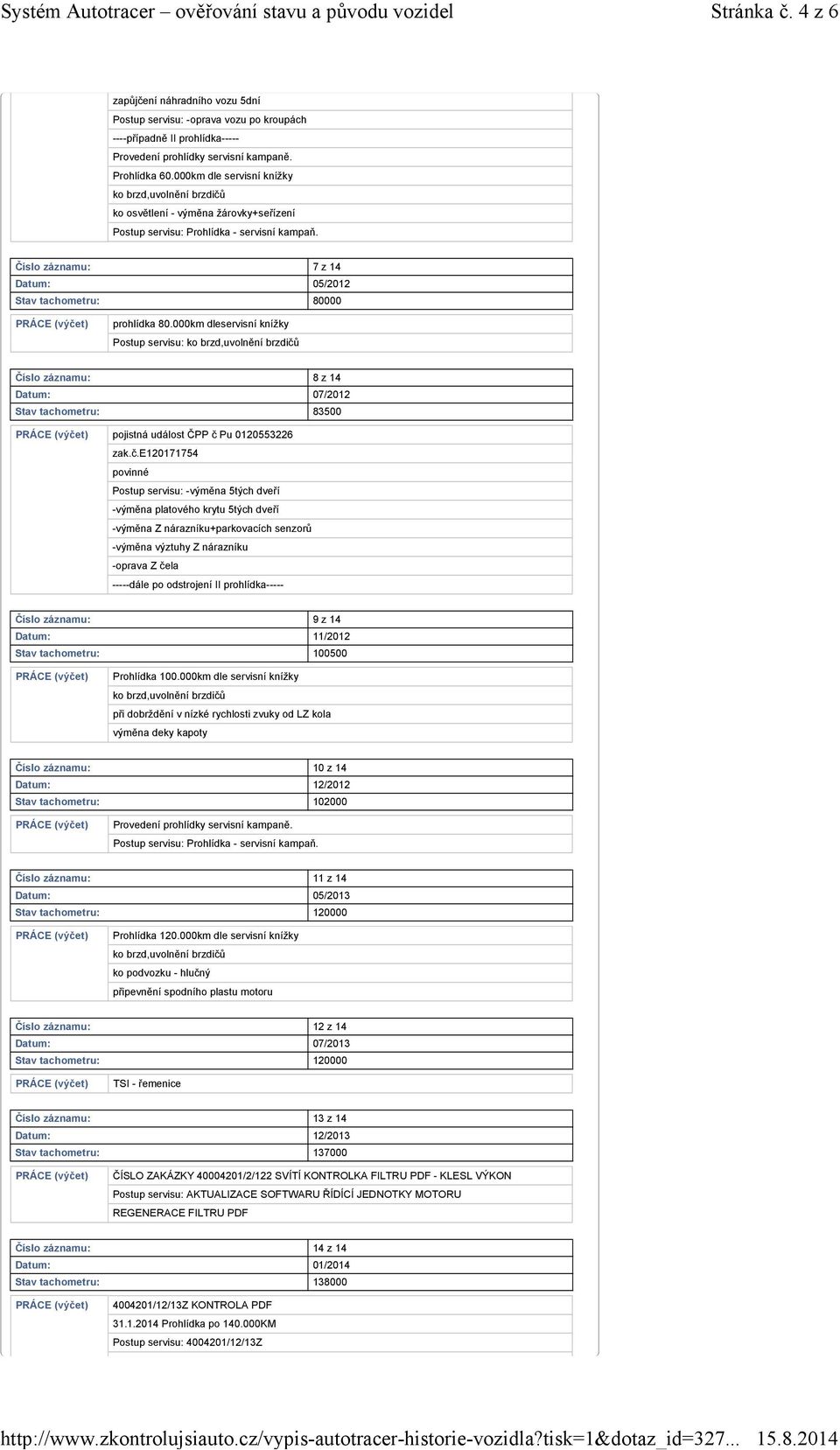 Číslo záznamu: 7 z 14 Datum: 05/2012 Stav tachometru: 80000 prohlídka 80.