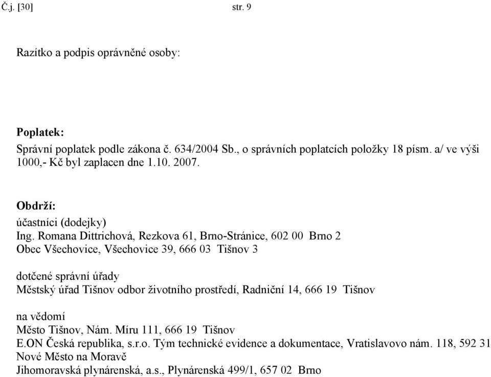 Romana Dittrichová, Rezkova 61, Brno-Stránice, 602 00 Brno 2 Obec Všechovice, Všechovice 39, 666 03 Tišnov 3 dotčené správní úřady Městský úřad Tišnov odbor životního