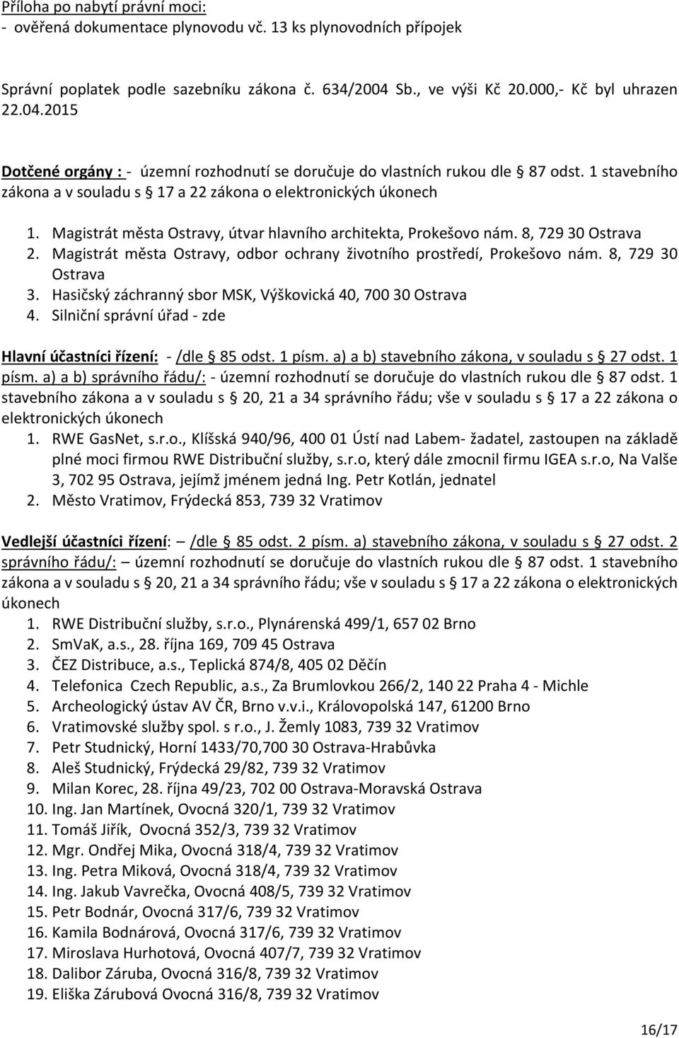 1 stavebního zákona a v souladu s 17 a 22 zákona o elektronických úkonech 1. Magistrát města Ostravy, útvar hlavního architekta, Prokešovo nám. 8, 729 30 Ostrava 2.