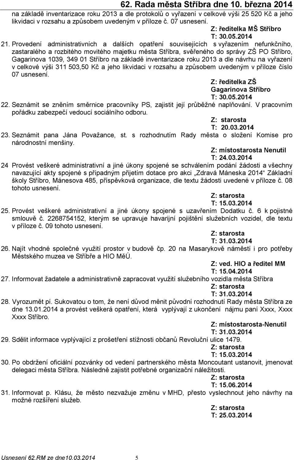 Provedení administrativních a dalších opatření souvisejících s vyřazením nefunkčního, zastaralého a rozbitého movitého majetku města Stříbra, svěřeného do správy ZŠ PO Stříbro, Gagarinova 1039, 349