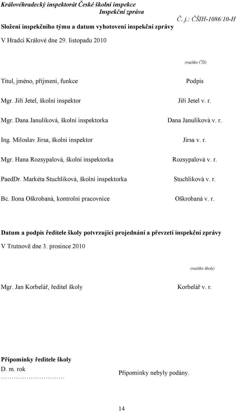 r. PaedDr. Markéta Stuchlíková, školní inspektorka Stuchlíková v. r. Bc. Ilona Oškrobaná, kontrolní pracovnice Oškrobaná v. r. Datum a podpis ředitele školy potvrzující projednání a převzetí inspekční zprávy V Trutnově dne 3.