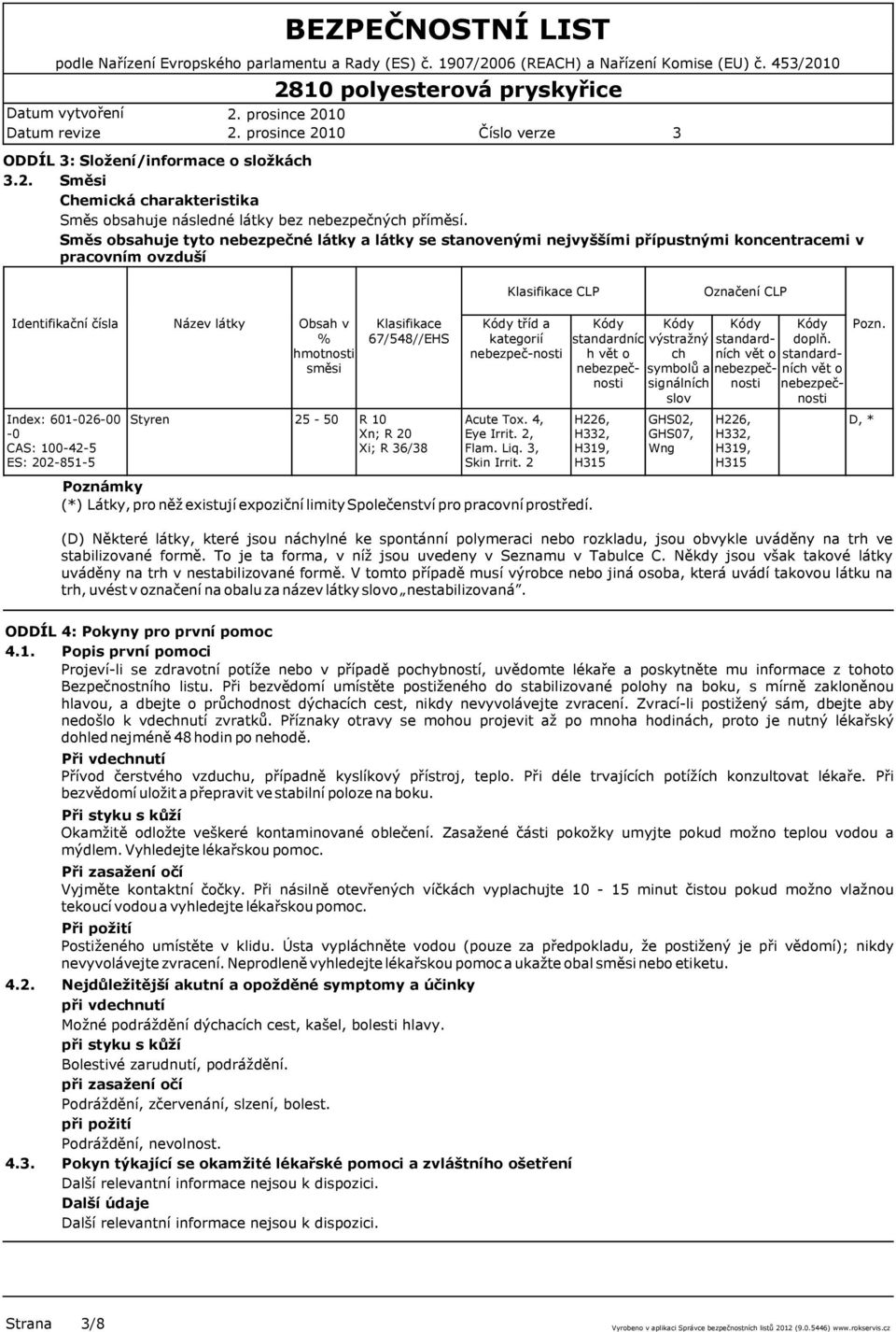 ES: 202-851-5 Styren Název látky Obsah v % hmotnosti směsi 25-50 Klasifikace 67/548//EHS R 10 Xn; R 20 Xi; R 6/8 Kódy tříd a kategorií nebezpeč-nosti Acute Tox. 4, Eye Irrit. 2, Flam. Liq.