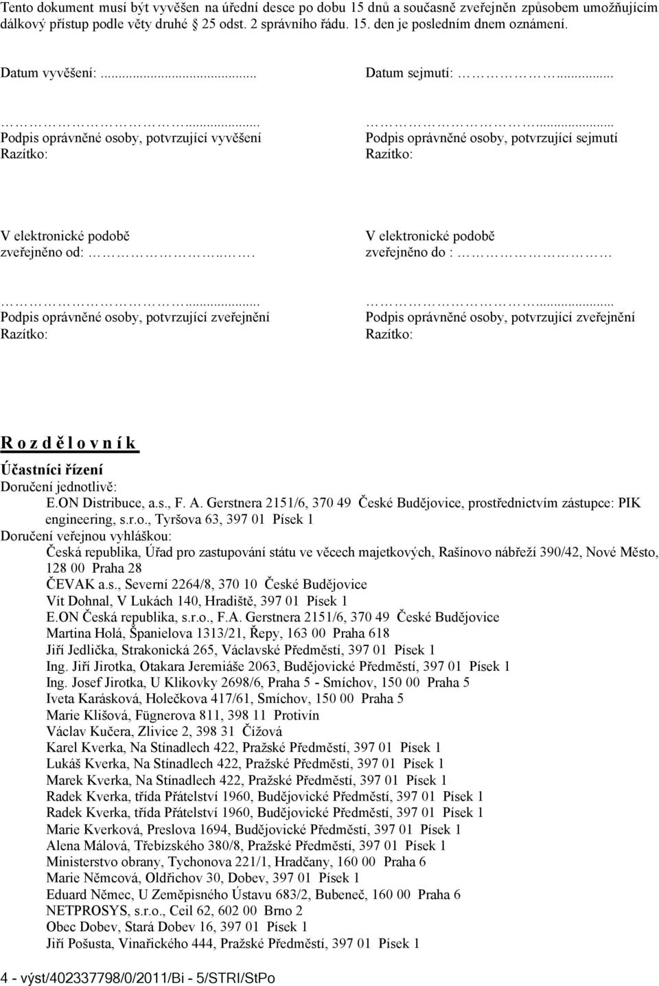 .. V elektronické podobě zveřejněno do :... Podpis oprávněné osoby, potvrzující zveřejnění... Podpis oprávněné osoby, potvrzující zveřejnění Rozdělovník Účastníci řízení Doručení jednotlivě: E.