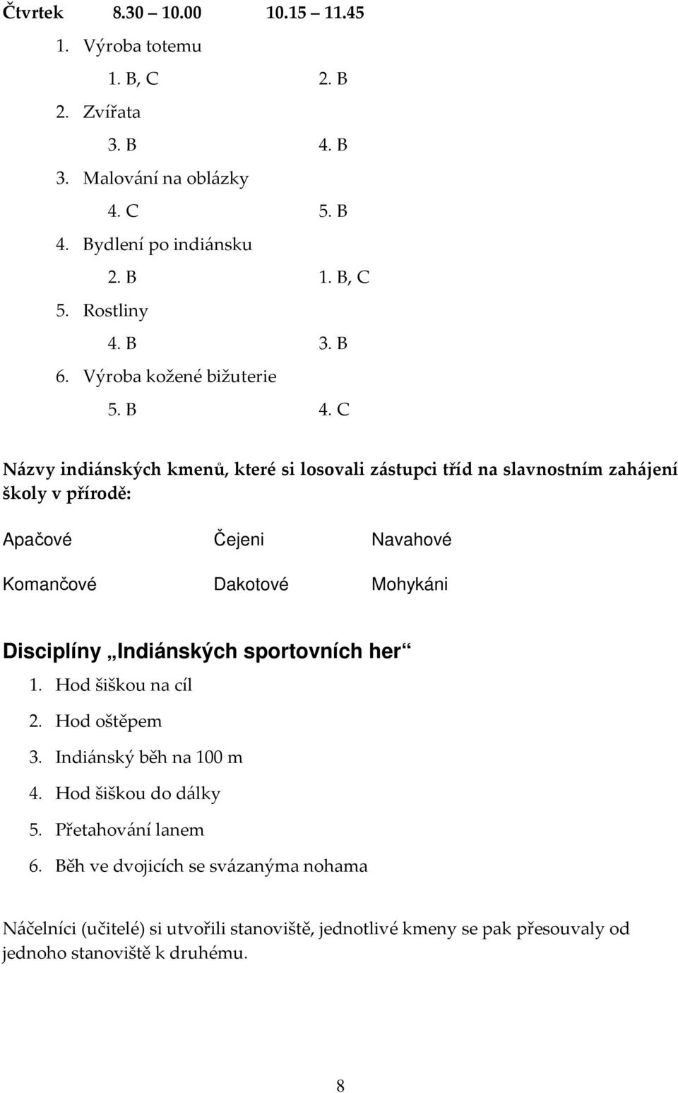 C Názvy indiánských kmenů, které si losovali zástupci tříd na slavnostním zahájení školy v přírodě: Apačové Čejeni Navahové Komančové Dakotové Mohykáni Disciplíny