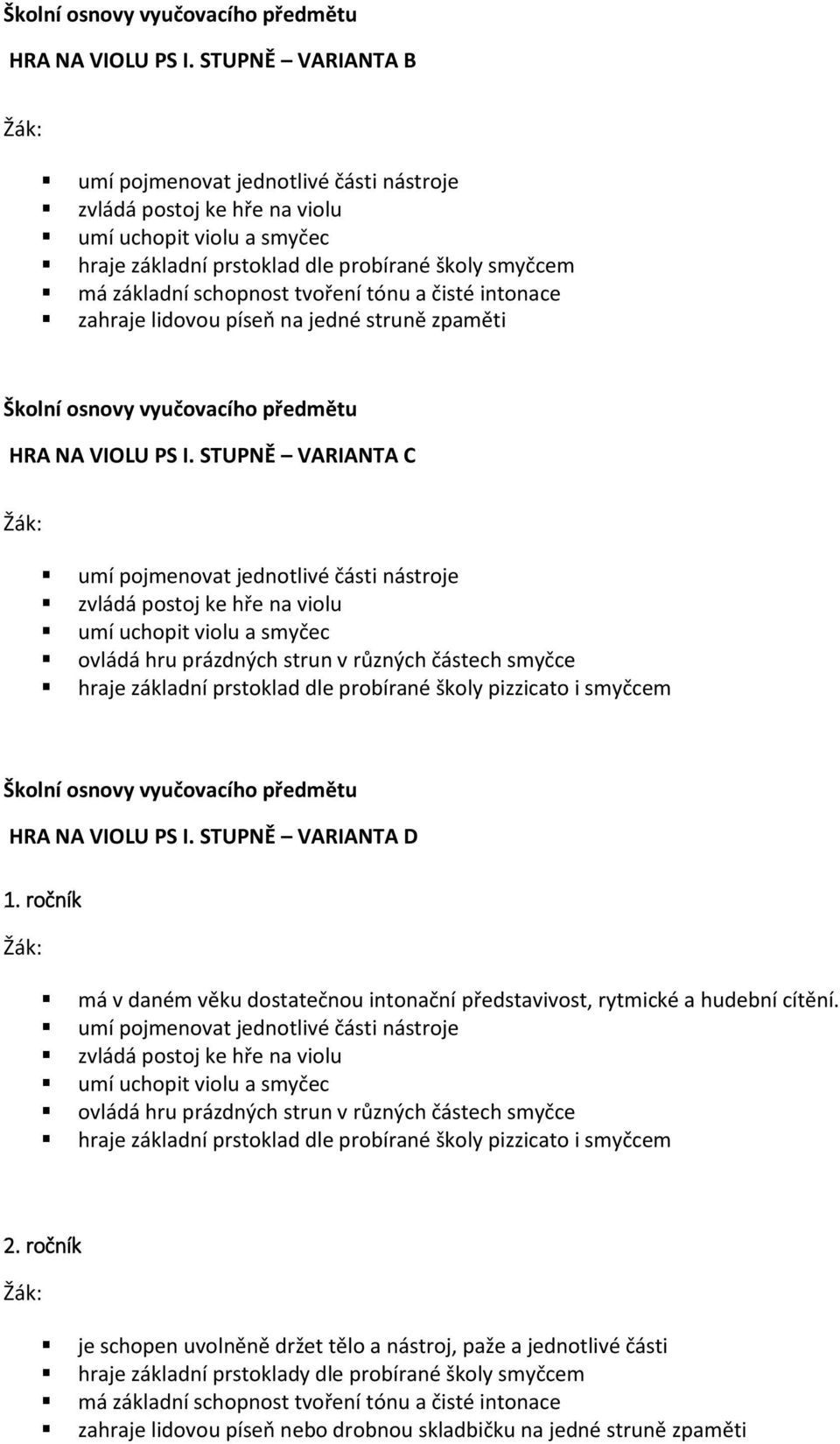 tónu a čisté intonace zahraje lidovou píseň na jedné struně zpaměti  STUPNĚ VARIANTA C umí pojmenovat jednotlivé části nástroje zvládá postoj ke hře na violu umí uchopit violu a smyčec ovládá hru