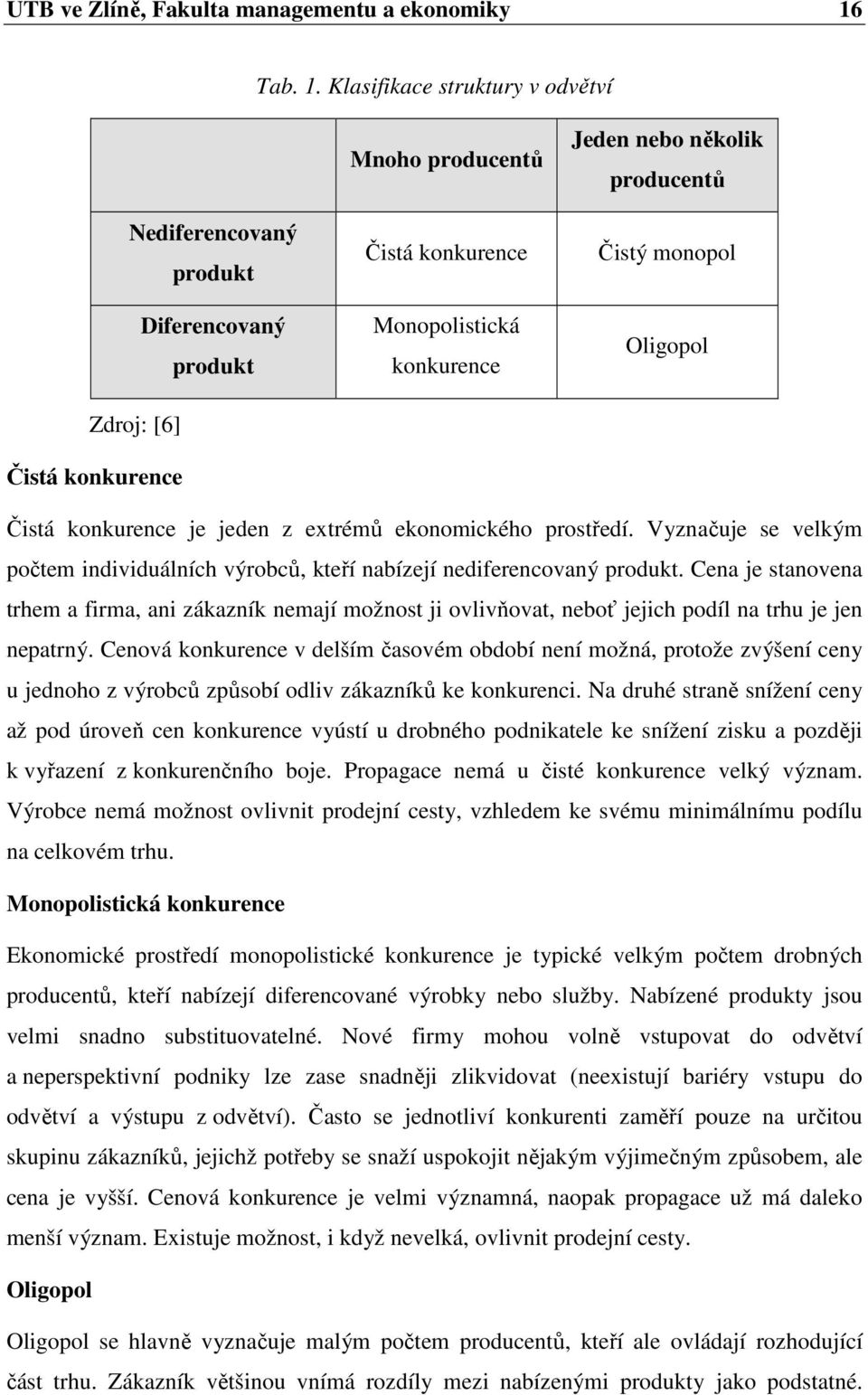 Klasifikace struktury v odvětví Nediferencovaný produkt Diferencovaný produkt Zdroj: [6] Čistá konkurence Mnoho producentů Čistá konkurence Monopolistická konkurence Jeden nebo několik producentů