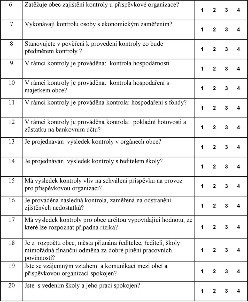 12 V rámci kontroly je prováděna kontrola: pokladní hotovosti a zůstatku na bankovním účtu? 13 Je projednáván výsledek kontroly v orgánech obce? 14 Je projednáván výsledek kontroly s ředitelem školy?