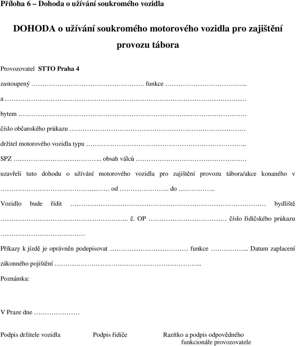 . obsah válců uzavřeli tuto dohodu o užívání motorového vozidla pro zajištění provozu tábora/akce konaného v... od.. do.. Vozidlo bude řídit bydliště.. č.