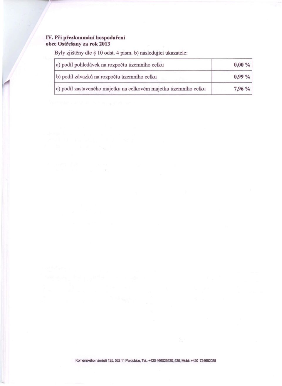 podíl závazků na rozpočtu územního celku 0,99 % c) podíl zastaveného majetku na celkovém