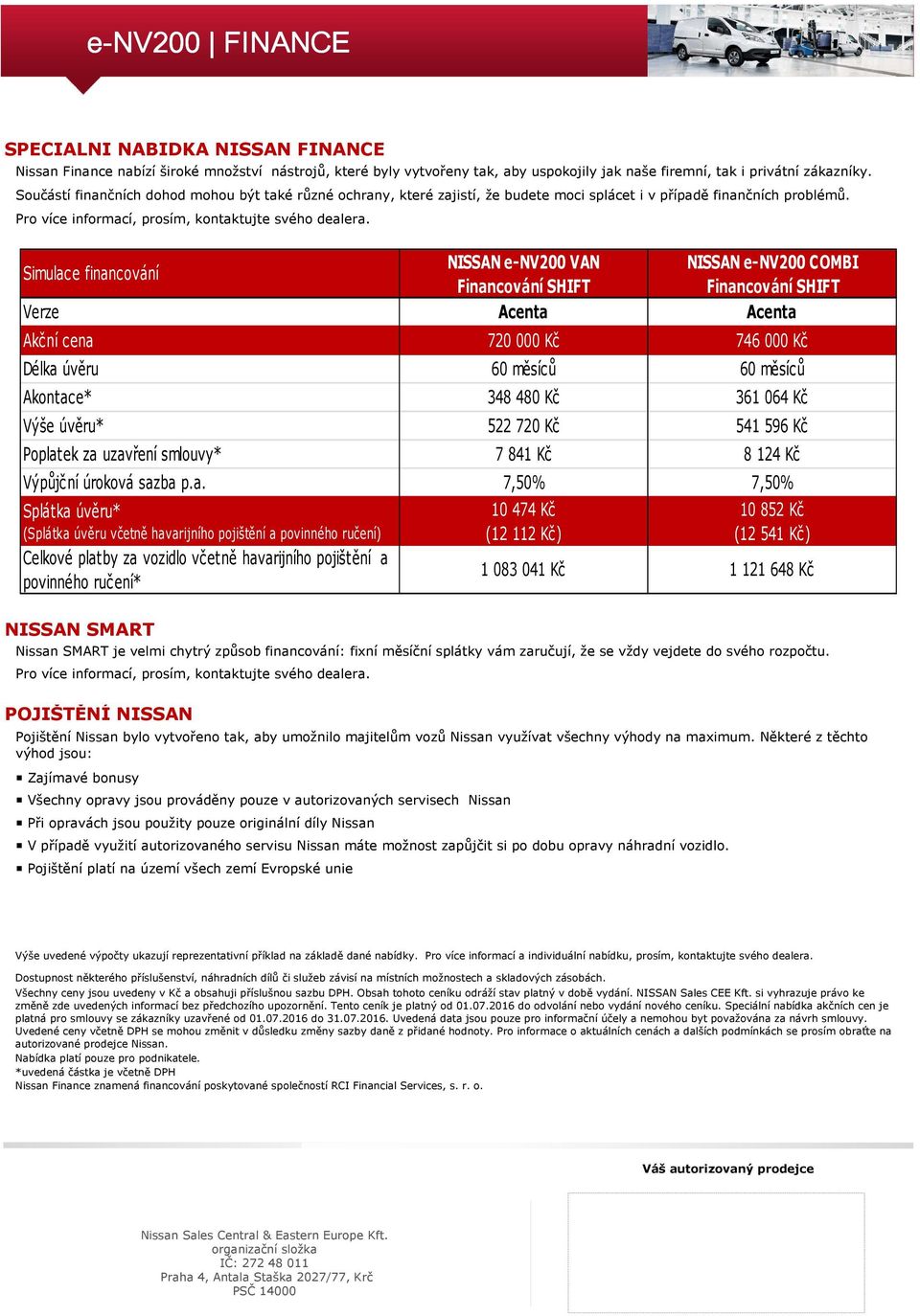 NISSAN e- VAN NISSAN e- COMBI Simulace financování Financování SHIFT Financování SHIFT Verze Acenta Acenta Akční cena 720 000 Kč 746 000 Kč Délka úvěru 60 měsíců 60 měsíců Akontace* 348 480 Kč 361