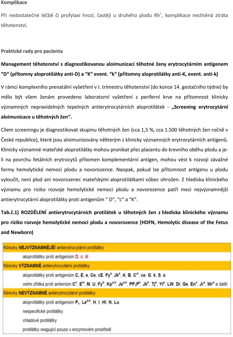 k (přítomny aloprotilátky anti-k, event. anti-k) V rámci komplexního prenatální vyšetření v I. trimestru těhotenství (do konce 14.