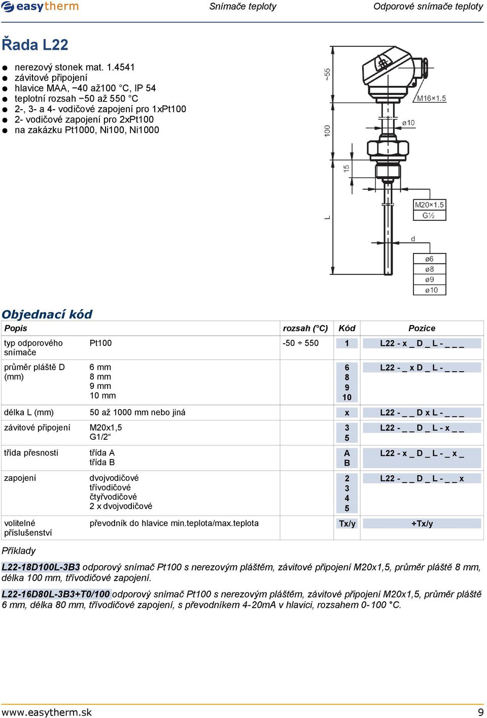 Pt00 průměr pláště D 6 mm 8 mm 9 mm 0 mm 6 8 9 0 L _ x D _ L _ délka L 50 až 000 mm nebo jiná x L D x L _ závitové připojení M0x,5 / 5 L D _ L x třída přesnosti třída A třída B A B L x _ D _ L _ x _