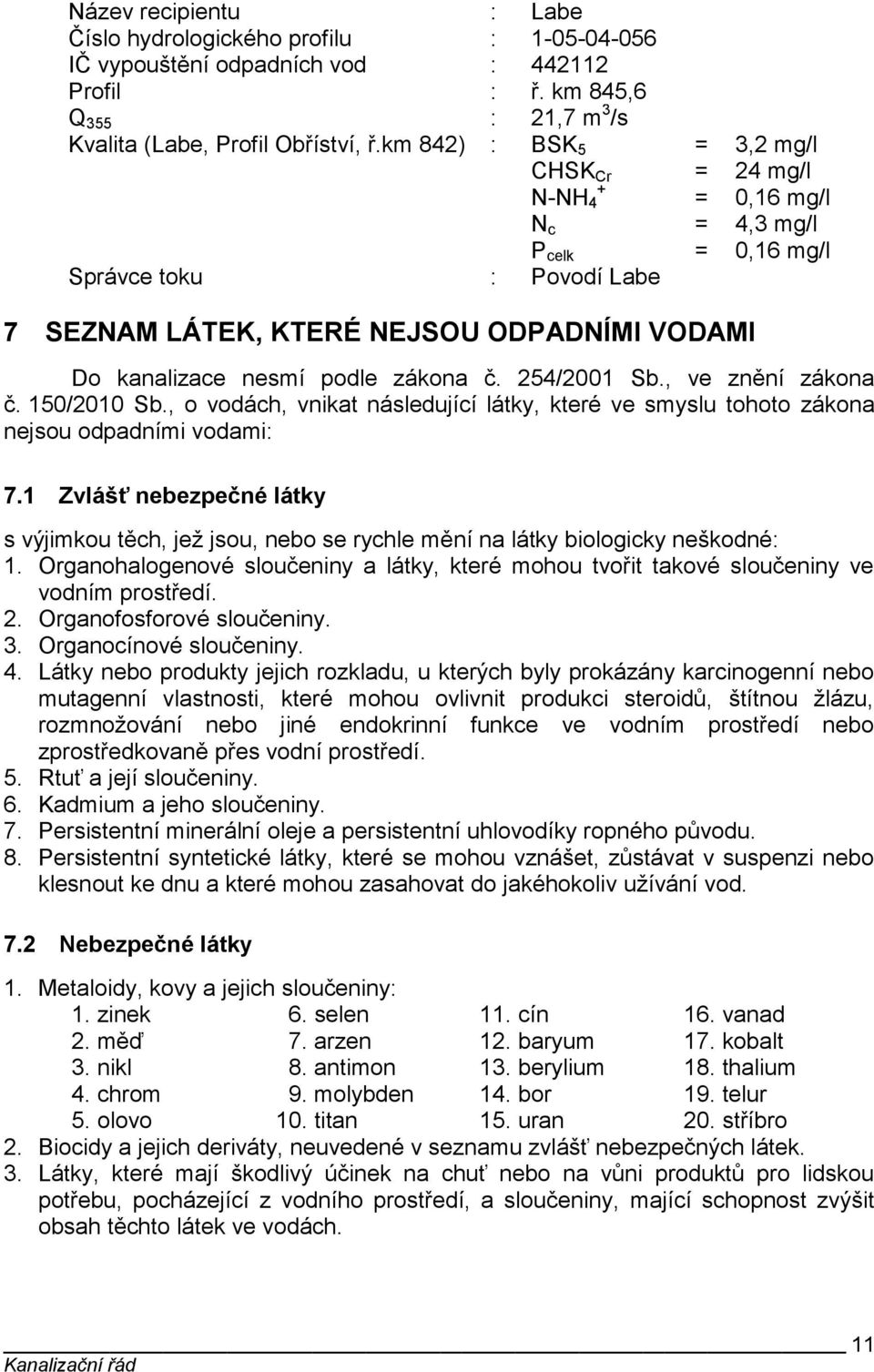 zákona č. 254/2001 Sb., ve znění zákona č. 150/2010 Sb., o vodách, vnikat následující látky, které ve smyslu tohoto zákona nejsou odpadními vodami: 7.