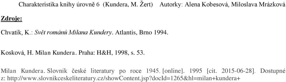 Atlantis, Brno 1994. Kosková, H. Milan Kundera. Praha: H&H, 1998, s. 53. Milan Kundera. Slovník české literatury po roce 1945.