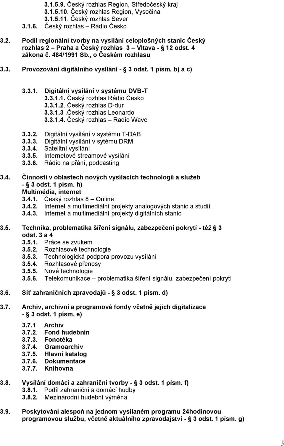 1 písm. b) a c) 3.3.1. Digitální vysílání v systému DVB-T 3.3.1.1. Český rozhlas Rádio Česko 3.3.1.2. Český rozhlas D-dur 3.3.1.3.Český rozhlas Leonardo 3.3.1.4. Český rozhlas Radio Wave 3.3.2. Digitální vysílání v systému T-DAB 3.