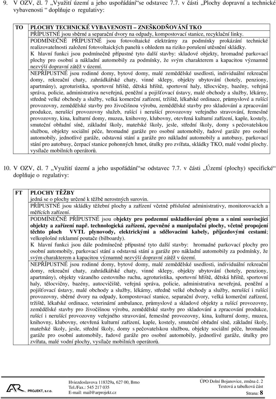 7. v části Plochy dopravní a technické vybavenosti doplňuje o regulativy: TO PLOCHY TECHNICKÉ VYBAVENOSTI ZNEŠKODŇOVÁNÍ TKO PŘÍPUSTNÉ jsou sběrné a separační dvory na odpady, kompostovací stanice,