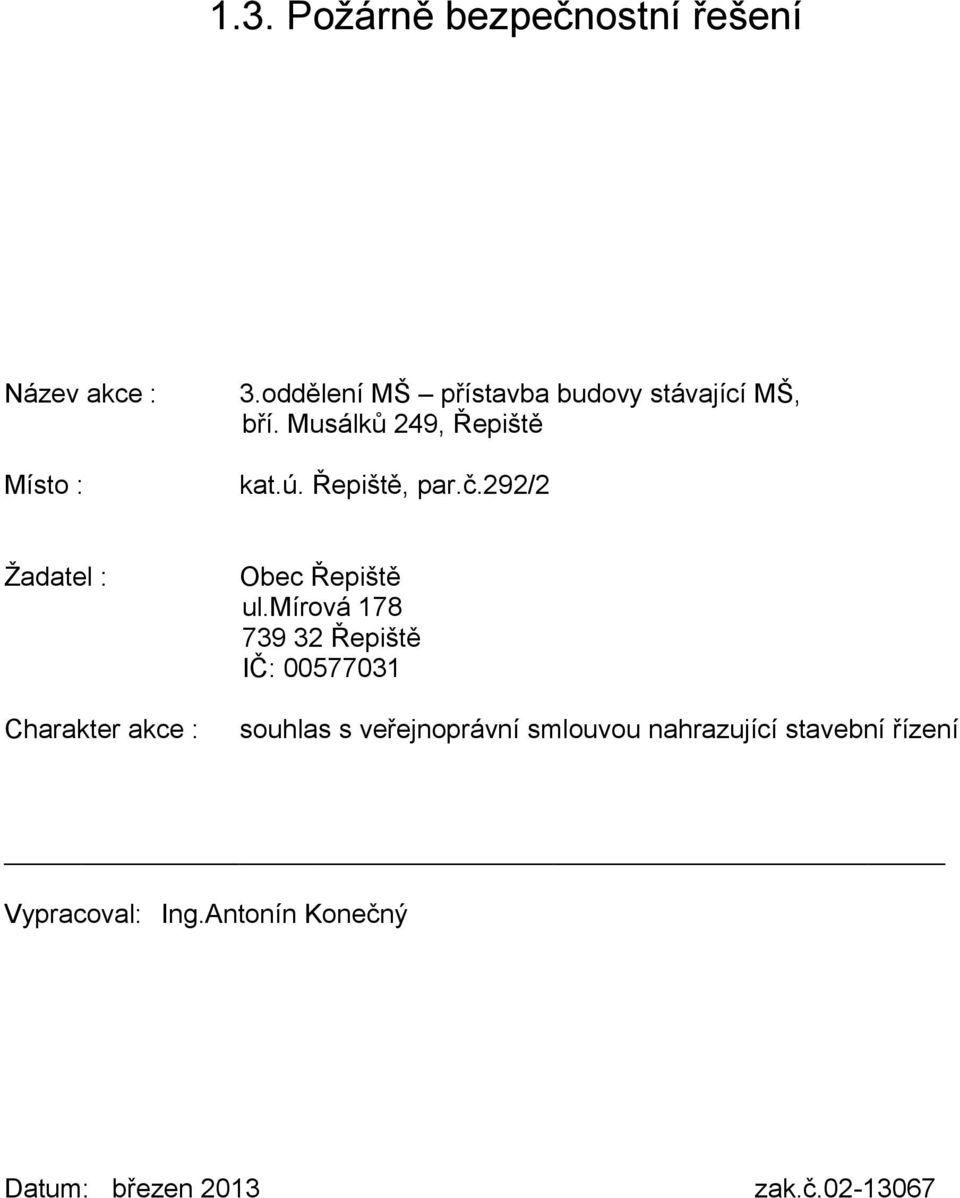 č.292/2 Žadatel : Charakter akce : Obec Řepiště ul.