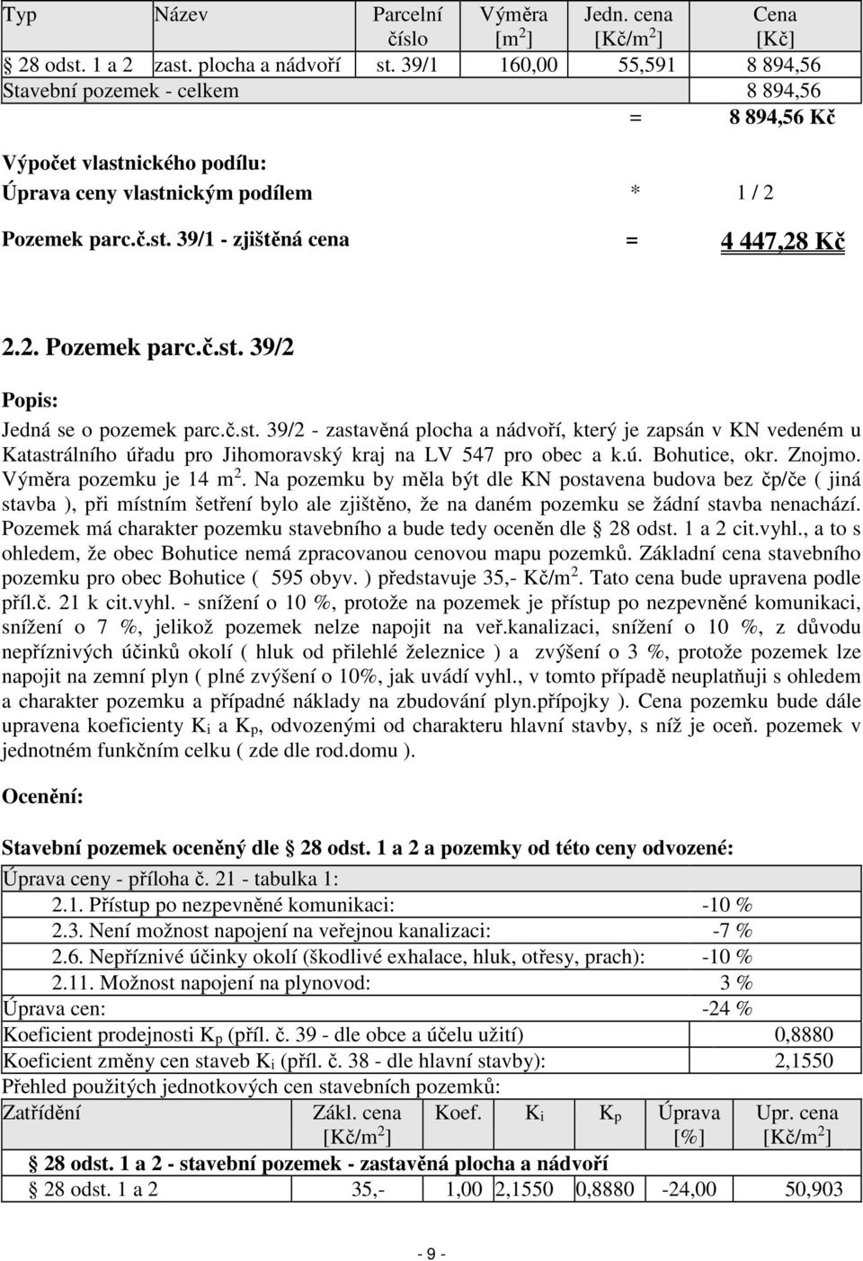 2. Pozemek parc.č.st. 39/2 Popis: Jedná se o pozemek parc.č.st. 39/2 - zastavěná plocha a nádvoří, který je zapsán v KN vedeném u Katastrálního úřadu pro Jihomoravský kraj na LV 547 pro obec a k.ú. Bohutice, okr.