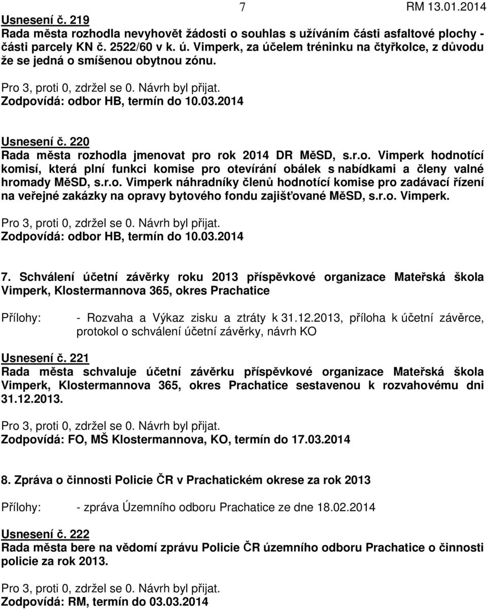 r.o. Vimperk náhradníky členů hodnotící komise pro zadávací řízení na veřejné zakázky na opravy bytového fondu zajišťované MěSD, s.r.o. Vimperk. 7.