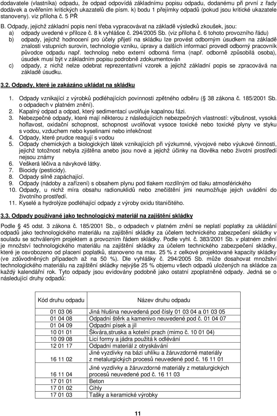 Odpady, jejichž základní popis není třeba vypracovávat na základě výsledků zkoušek, jsou: a) odpady uvedené v příloze č. 8 k vyhlášce č. 294/2005 Sb. (viz příloha č.