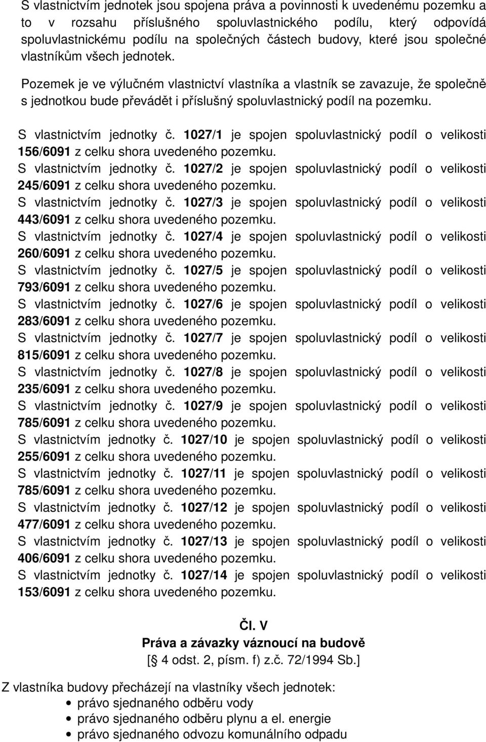 S vlastnictvím jednotky č. 1027/1 je spojen spoluvlastnický podíl o velikosti 156/6091 z celku shora uvedeného pozemku. S vlastnictvím jednotky č.