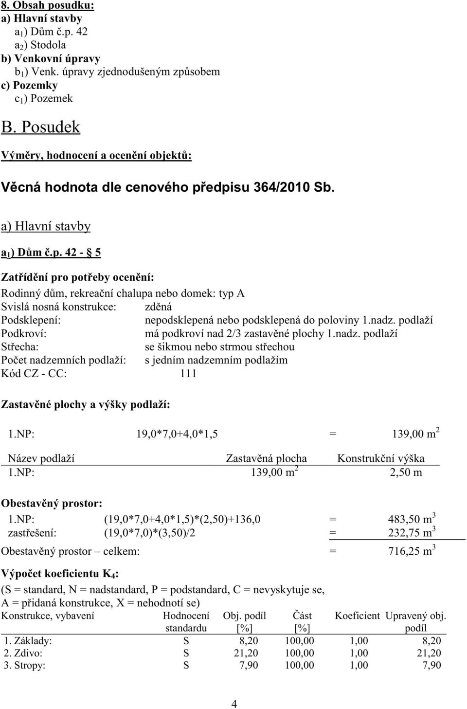 edpisu 364/2010 Sb. a) Hlavní stavby a 1 ) D m.p. 42-5 Zat íd ní pro pot eby ocen ní: Rodinný d m, rekrea ní chalupa nebo domek: typ A Svislá nosná konstrukce: zd ná Podsklepení: nepodsklepená nebo podsklepená do poloviny 1.