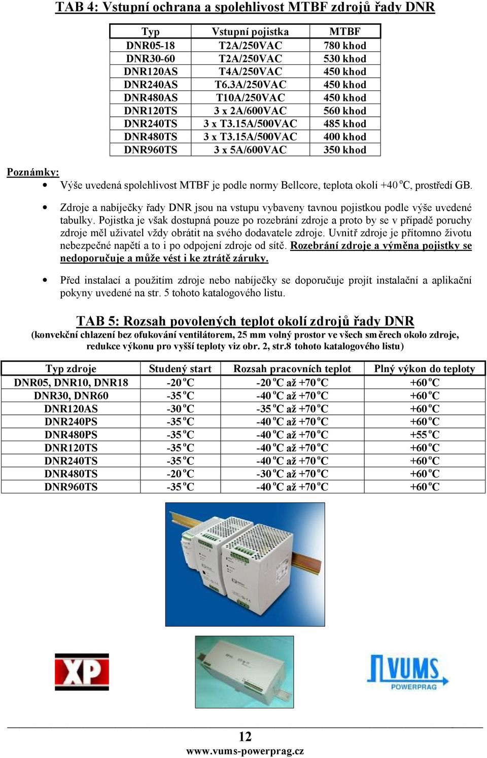 15A/500VAC 400 khod DNR960TS 3 x 5A/600VAC 350 khod Poznámky: Výše uvedená spolehlivost MTBF je podle normy Bellcore, teplota okolí +40 o C, prostředí GB.