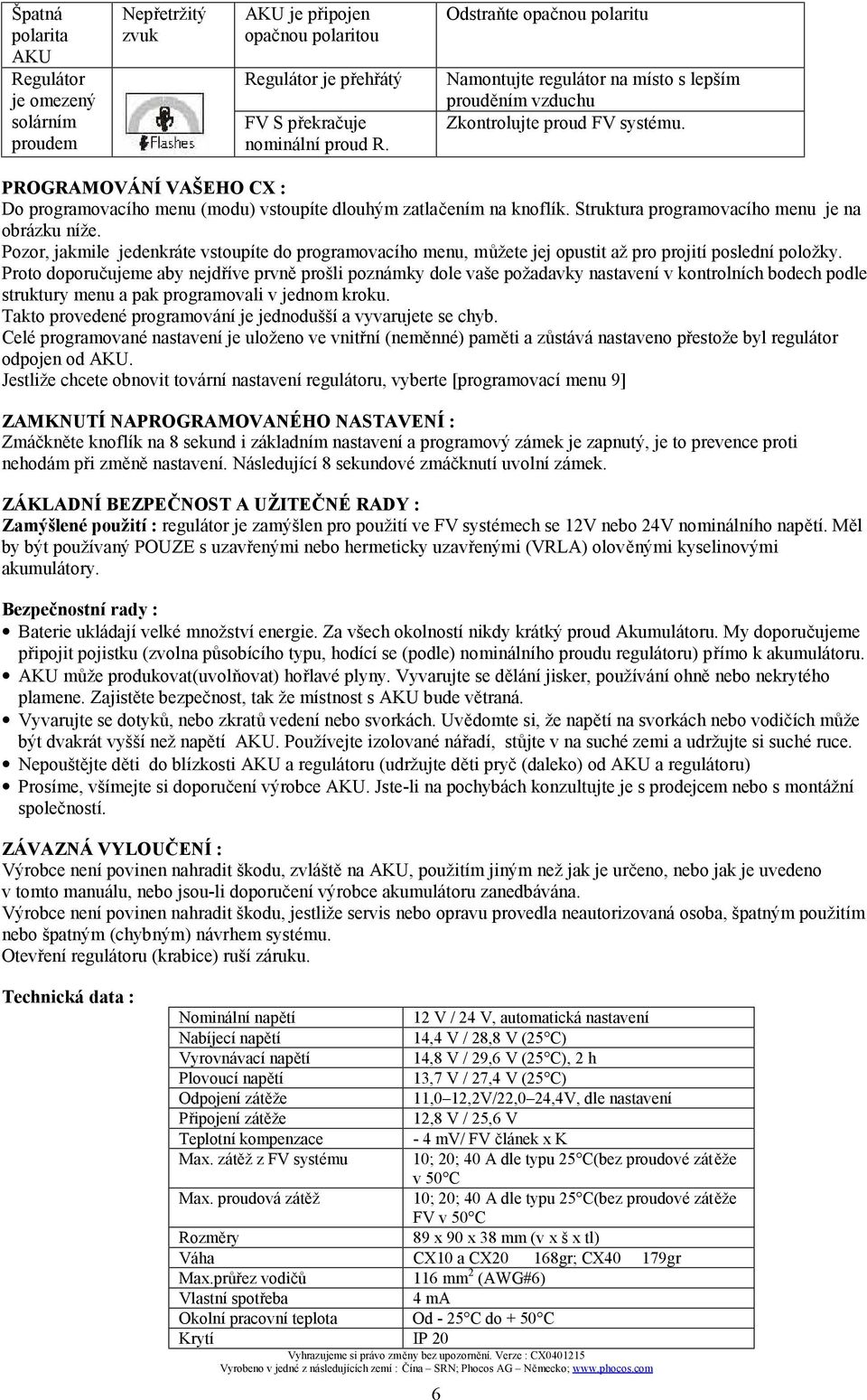 PROGRAMOVÁNÍ VAŠEHO CX : Do programovacího menu (modu) vstoupíte dlouhým zatlačením na knoflík. Struktura programovacího menu je na obrázku níže.