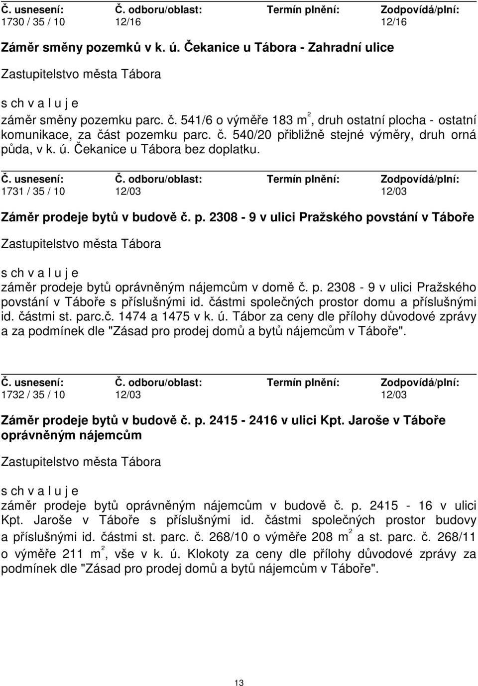 1731 / 35 / 10 12/03 12/03 Záměr prodeje bytů v budově č. p. 2308-9 v ulici Pražského povstání v Táboře záměr prodeje bytů oprávněným nájemcům v domě č. p. 2308-9 v ulici Pražského povstání v Táboře s příslušnými id.