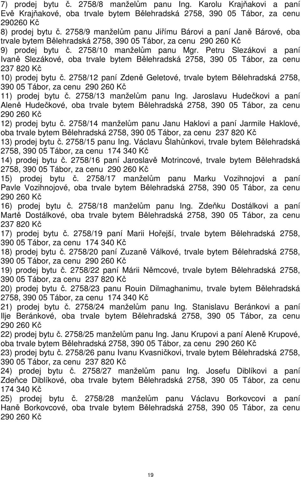 Petru Slezákovi a paní Ivaně Slezákové, oba trvale bytem Bělehradská 2758, 390 05 Tábor, za cenu 237 820 Kč 10) prodej bytu č.