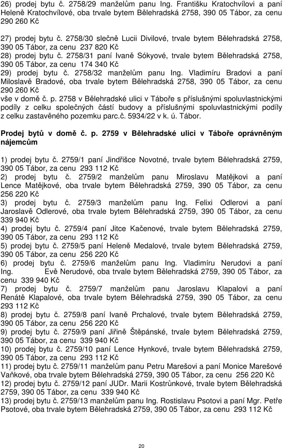 2758/31 paní Ivaně Sókyové, trvale bytem Bělehradská 2758, 390 05 Tábor, za cenu 174 340 Kč 29) prodej bytu č. 2758/32 manželům panu Ing.