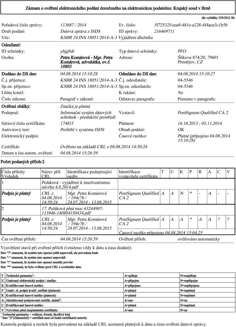 schránky: PFO Osoba: Petra Komárová - Mgr. Petra Adresa: Šlikova 874/20, 79601 Komárová, advokátka, ev.č. Prostějov, CZ 10803 Dodáno do DS dne: 04.08.2014 15:10:28 Odesláno do DS dne: 04.08.2014 15:10:27 Č.