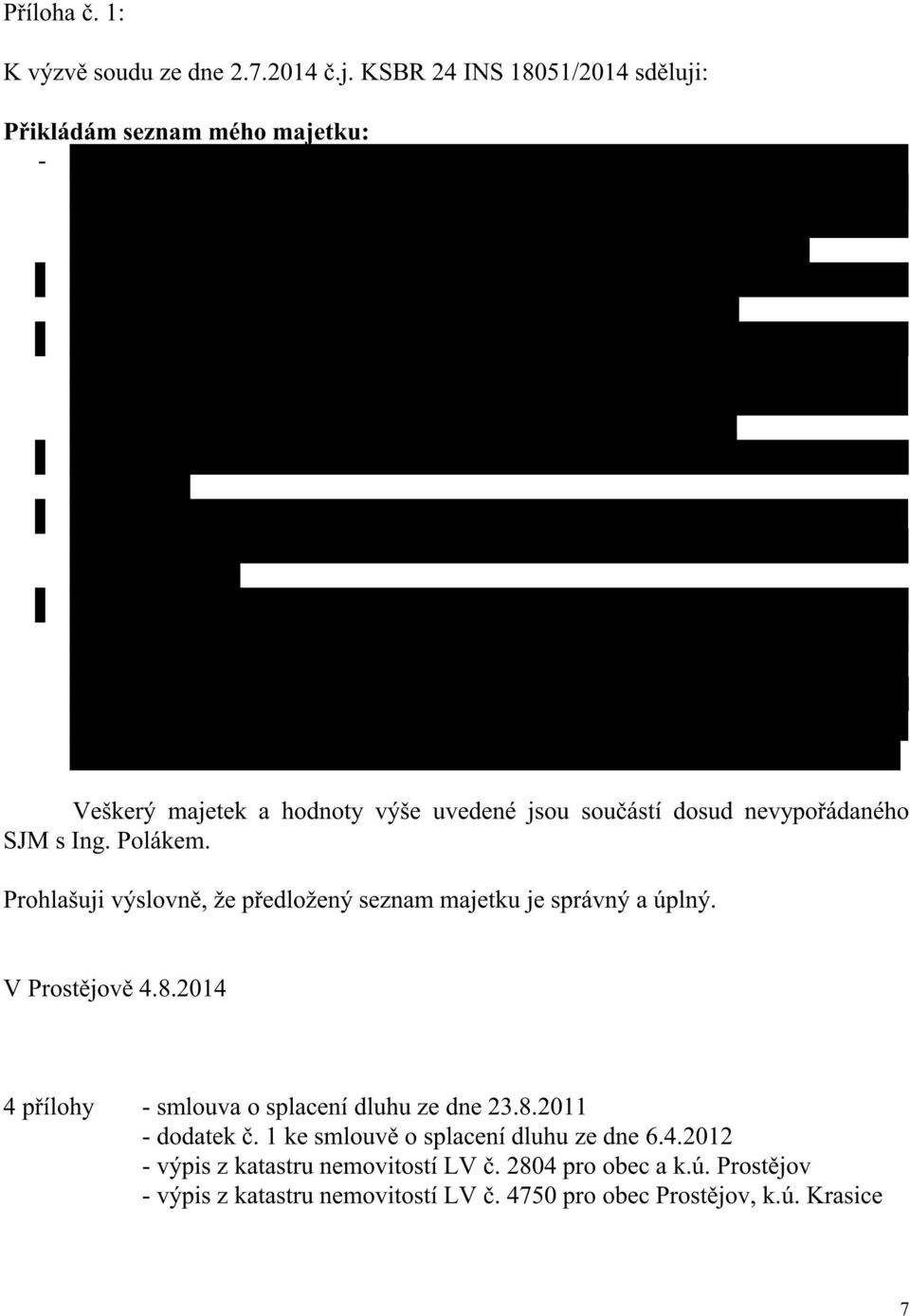 SJM s Ing. Polákem. Prohlašuji výslovně, že předložený seznam majetku je správný a úplný. V Prostějově 4.8.