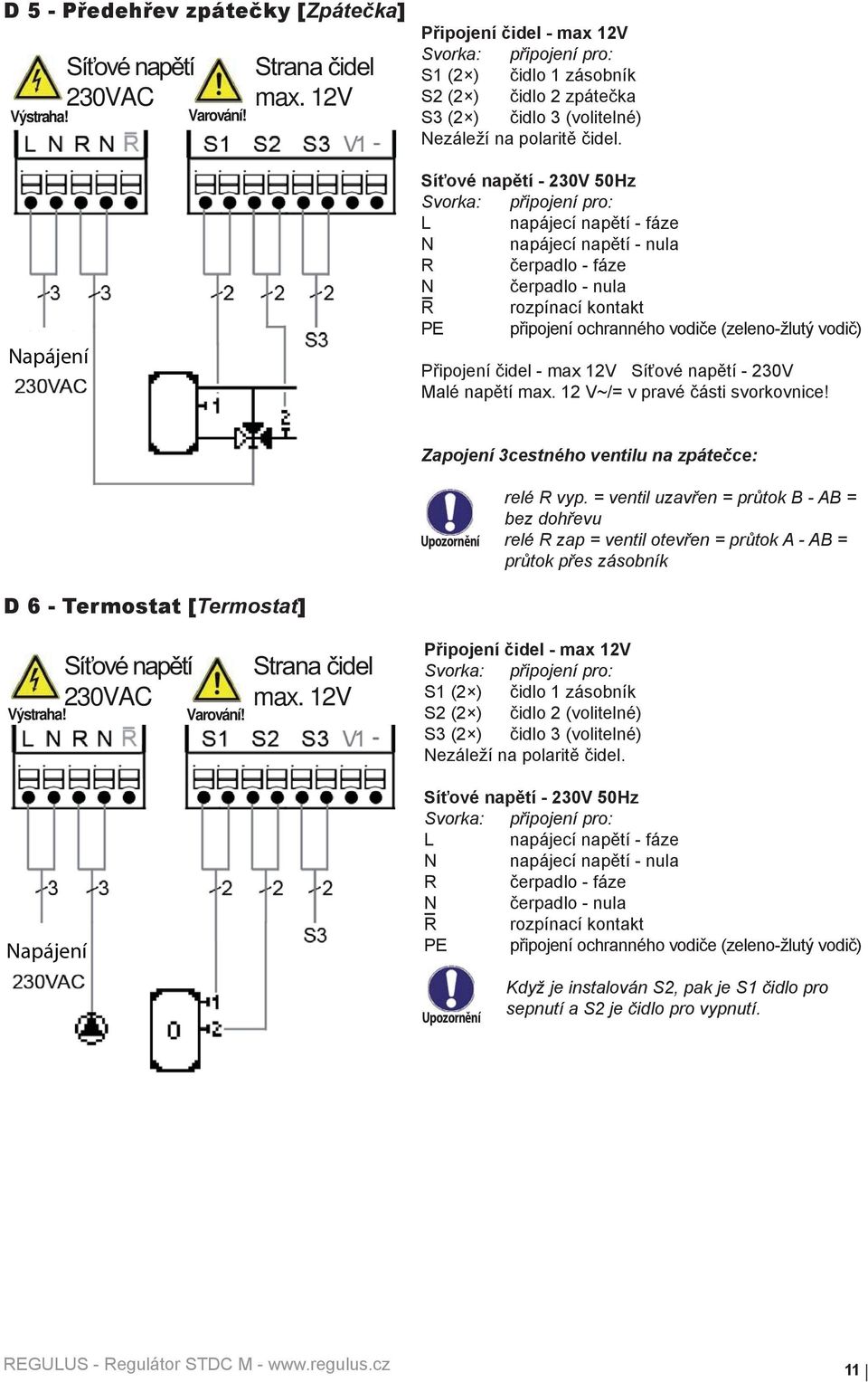 Síťové napětí - 230V 50Hz L napájecí napětí - fáze N napájecí napětí - nula R čerpadlo - fáze N čerpadlo - nula R rozpínací kontakt PE připojení ochranného vodiče (zeleno-žlutý vodič) Připojení čidel