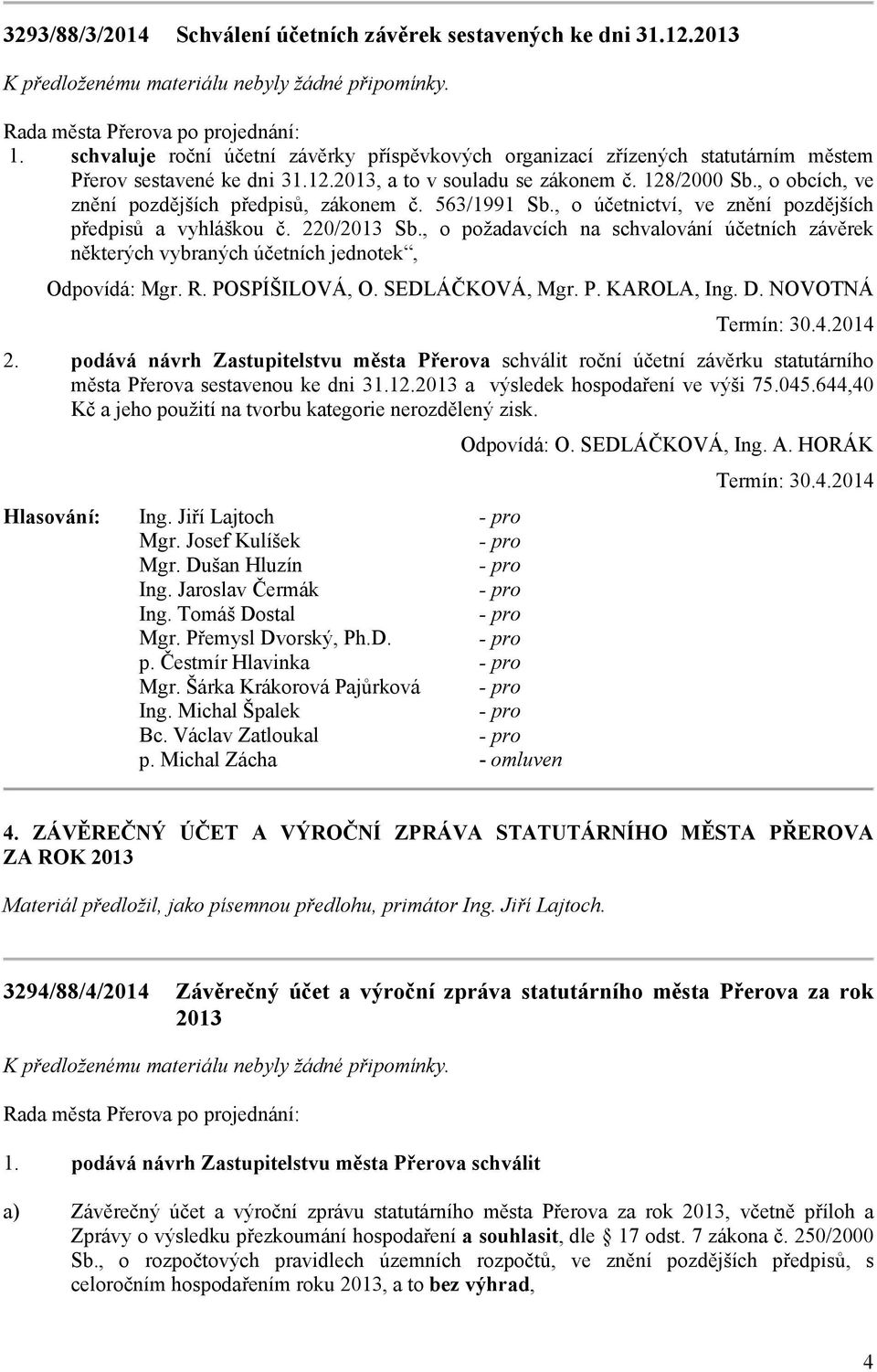 , o požadavcích na schvalování účetních závěrek některých vybraných účetních jednotek,, O. SEDLÁČKOVÁ, Mgr. P. KAROLA, Ing. D. NOVOTNÁ Termín: 30.4.2014 2.