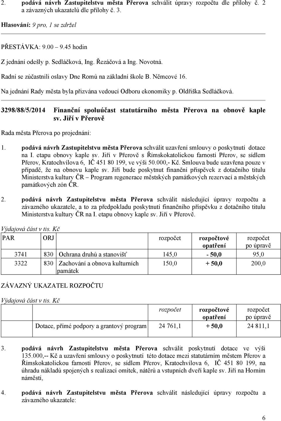 Na jednání Rady města byla přizvána vedoucí Odboru ekonomiky p. Oldřiška Sedláčková. 3298/88/5/2014 Finanční spoluúčast statutárního města Přerova na obnově kaple sv. Jiří v Přerově 1.