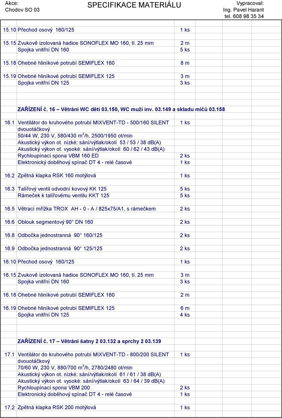 3 Talířový ventil odvodní kovový KK 125 16.5 Větrací mřížka TROX AH - 0 - A / 825x75/A1, s rámečkem 16.6 Oblouk segmentový 90 DN 160 16.8 Odbočka jednostranná 90 160/125 16.