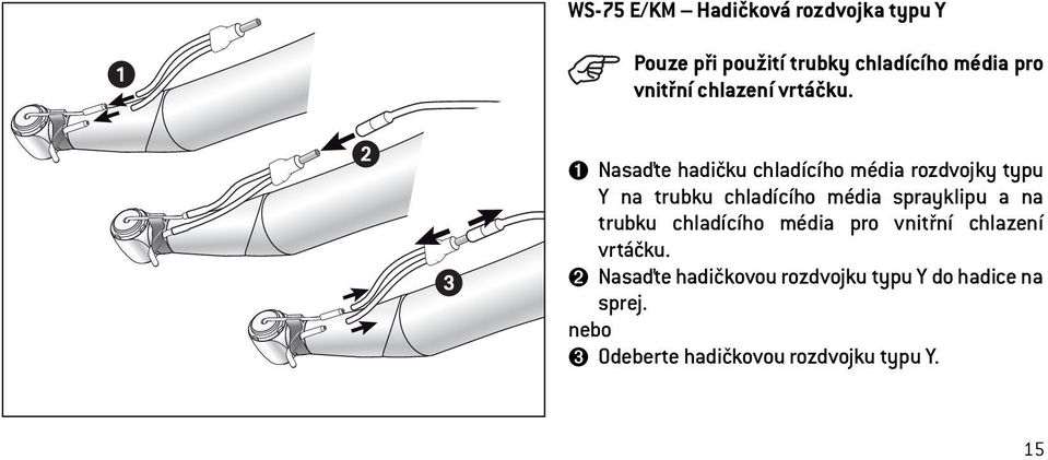 ➊ Nasaďte hadičku chladícího média rozdvojky typu Y na trubku chladícího média sprayklipu