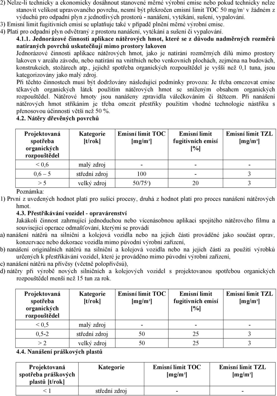 4) Platí pro odpadní plyn odvětraný z prostoru nanášení, vytékání a sušení či vypalování. 4.1.