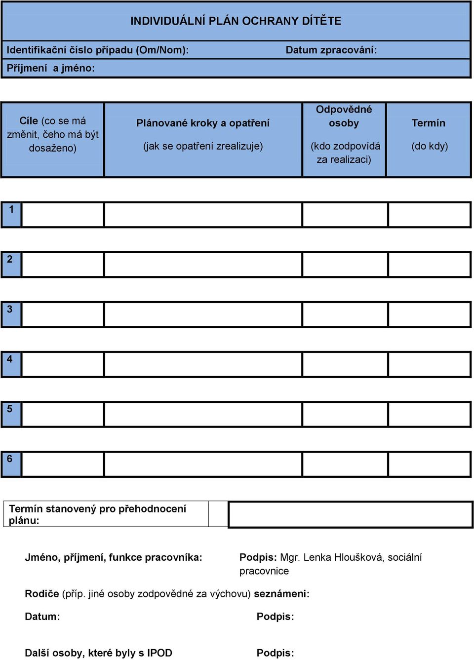 (do kdy) 1 2 3 4 5 6 Termín stanovený pro přehodnocení plánu: Jméno, příjmení, funkce pracovníka: Podpis: Mgr.