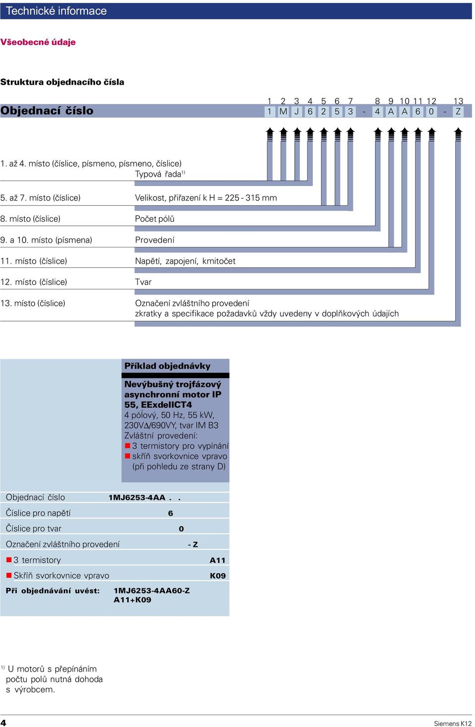 místo (èíslice) Oznaèení zvláštního provedení zkratky a specifikace požadavkù vždy uvedeny v doplòkových údajích Pøíklad objednávky Nevýbušný trojfázový asynchronní motor IP 55, EExdeIICT4 4 póåový,