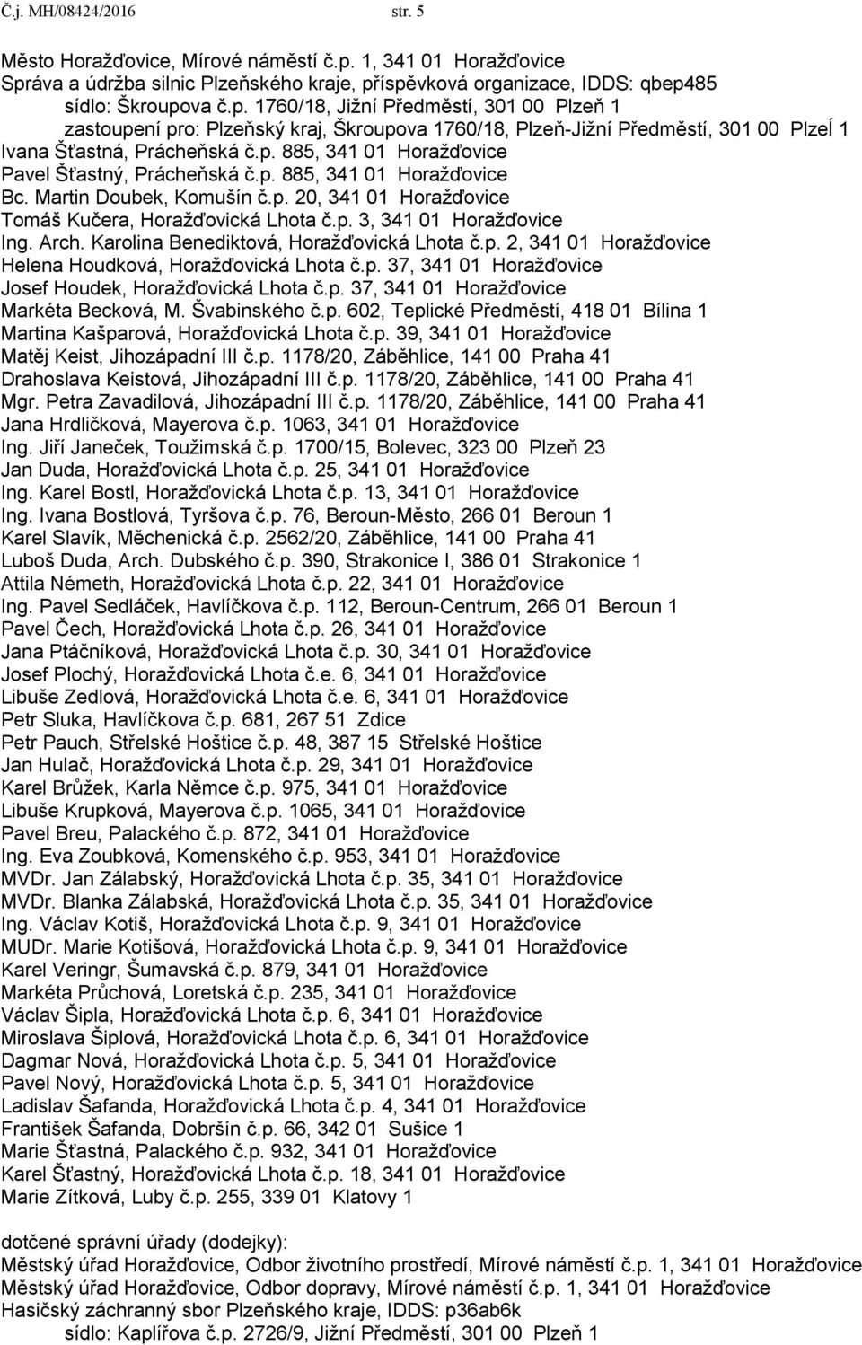 p. 885, 341 01 Horažďovice Pavel Šťastný, Prácheňská č.p. 885, 341 01 Horažďovice Bc. Martin Doubek, Komušín č.p. 20, 341 01 Horažďovice Tomáš Kučera, Horažďovická Lhota č.p. 3, 341 01 Horažďovice Ing.