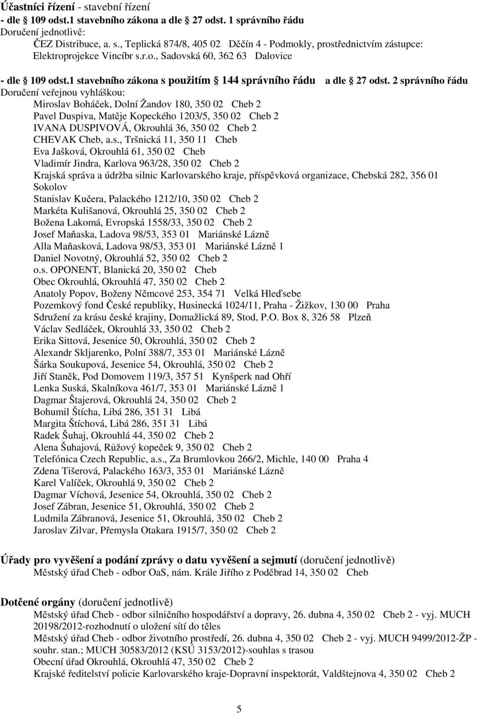 2 správního řádu Doručení veřejnou vyhláškou: Miroslav Boháček, Dolní Žandov 180, 350 02 Cheb 2 Pavel Duspiva, Matěje Kopeckého 1203/5, 350 02 Cheb 2 IVANA DUSPIVOVÁ, Okrouhlá 36, 350 02 Cheb 2