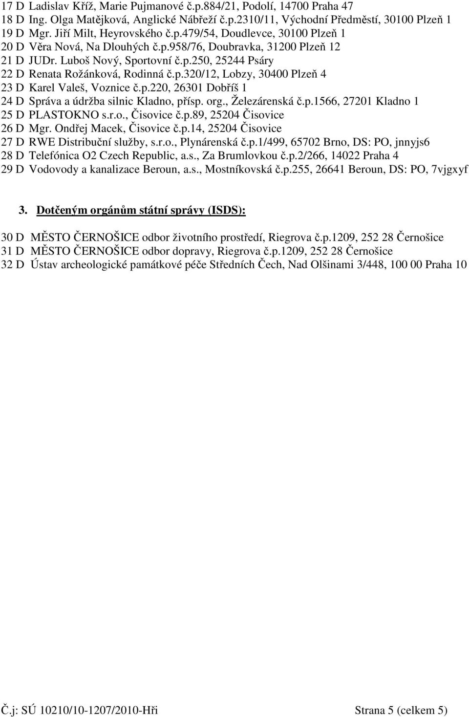 org., Železárenská č.p.1566, 27201 Kladno 1 25 D PLASTOKNO s.r.o., Čisovice č.p.89, 25204 Čisovice 26 D Mgr. Ondřej Macek, Čisovice č.p.14, 25204 Čisovice 27 D RWE Distribuční služby, s.r.o., Plynárenská č.