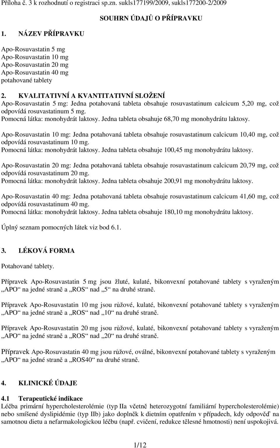 KVALITATIVNÍ A KVANTITATIVNÍ SLOŽENÍ Apo-Rosuvastatin 5 mg: Jedna potahovaná tableta obsahuje rosuvastatinum calcicum 5,20 mg, což odpovídá rosuvastatinum 5 mg. Pomocná látka: monohydrát laktosy.