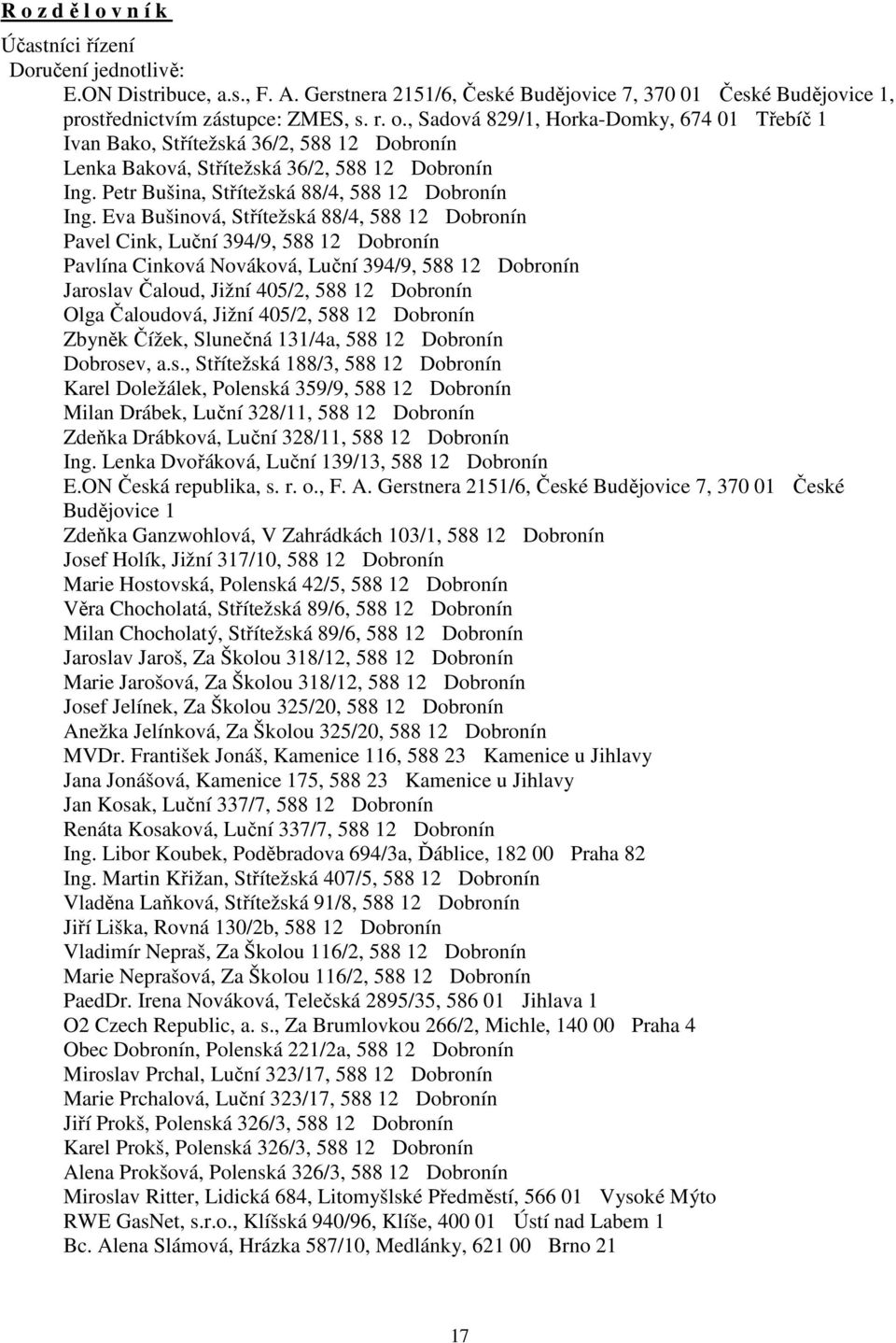 Eva Bušinová, Střítežská 88/4, 588 12 Dobronín Pavel Cink, Luční 394/9, 588 12 Dobronín Pavlína Cinková Nováková, Luční 394/9, 588 12 Dobronín Jaroslav Čaloud, Jižní 405/2, 588 12 Dobronín Olga