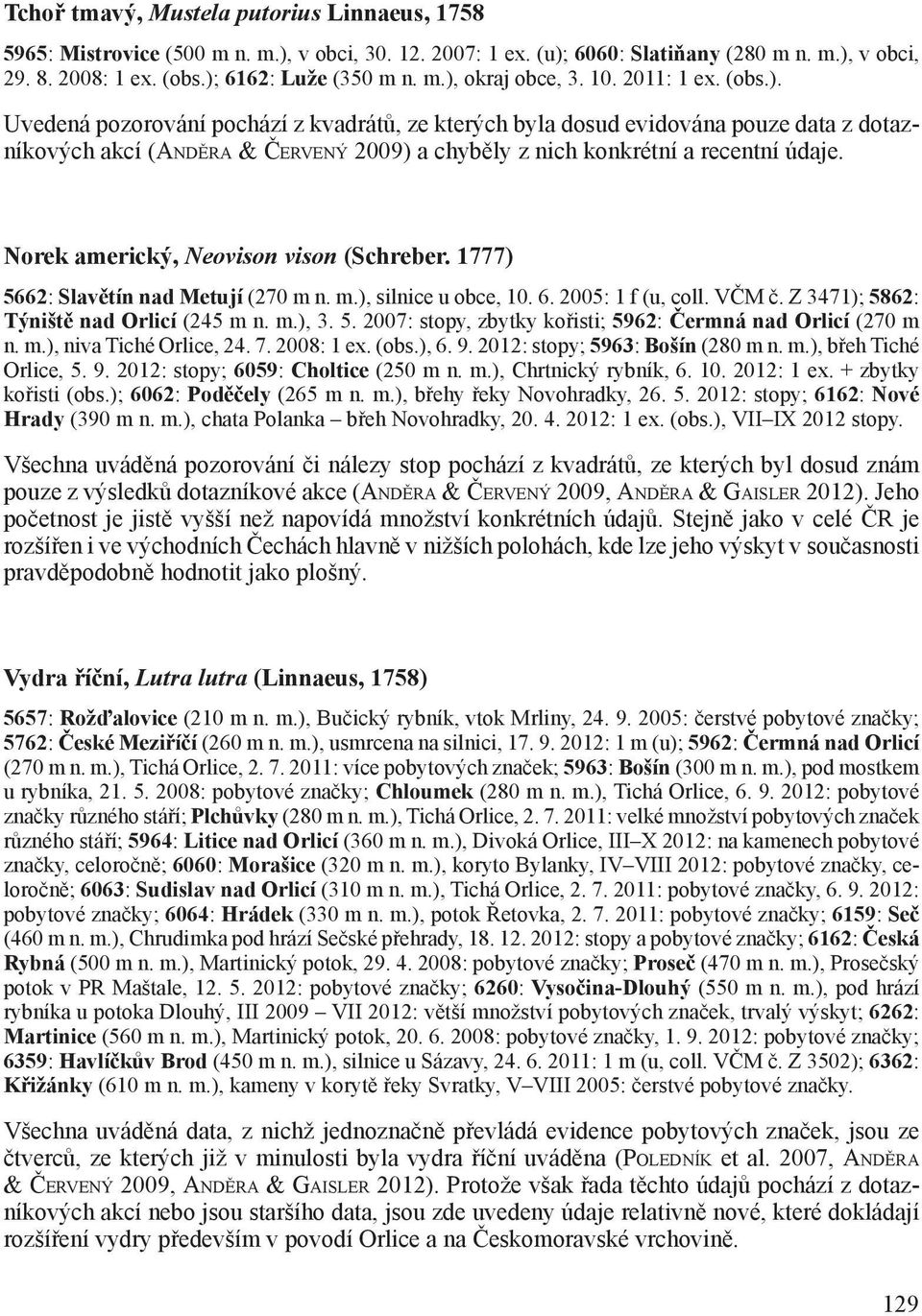 Norek americký, Neovison vison (Schreber. 1777) 5662: Slavětín nad Metují (270 m n. m.), silnice u obce, 10. 6. 2005: 1 f (u, coll. VČM č. Z 3471); 5862: Týniště nad Orlicí (245 m n. m.), 3. 5. 2007: stopy, zbytky kořisti; 5962: Čermná nad Orlicí (270 m n.