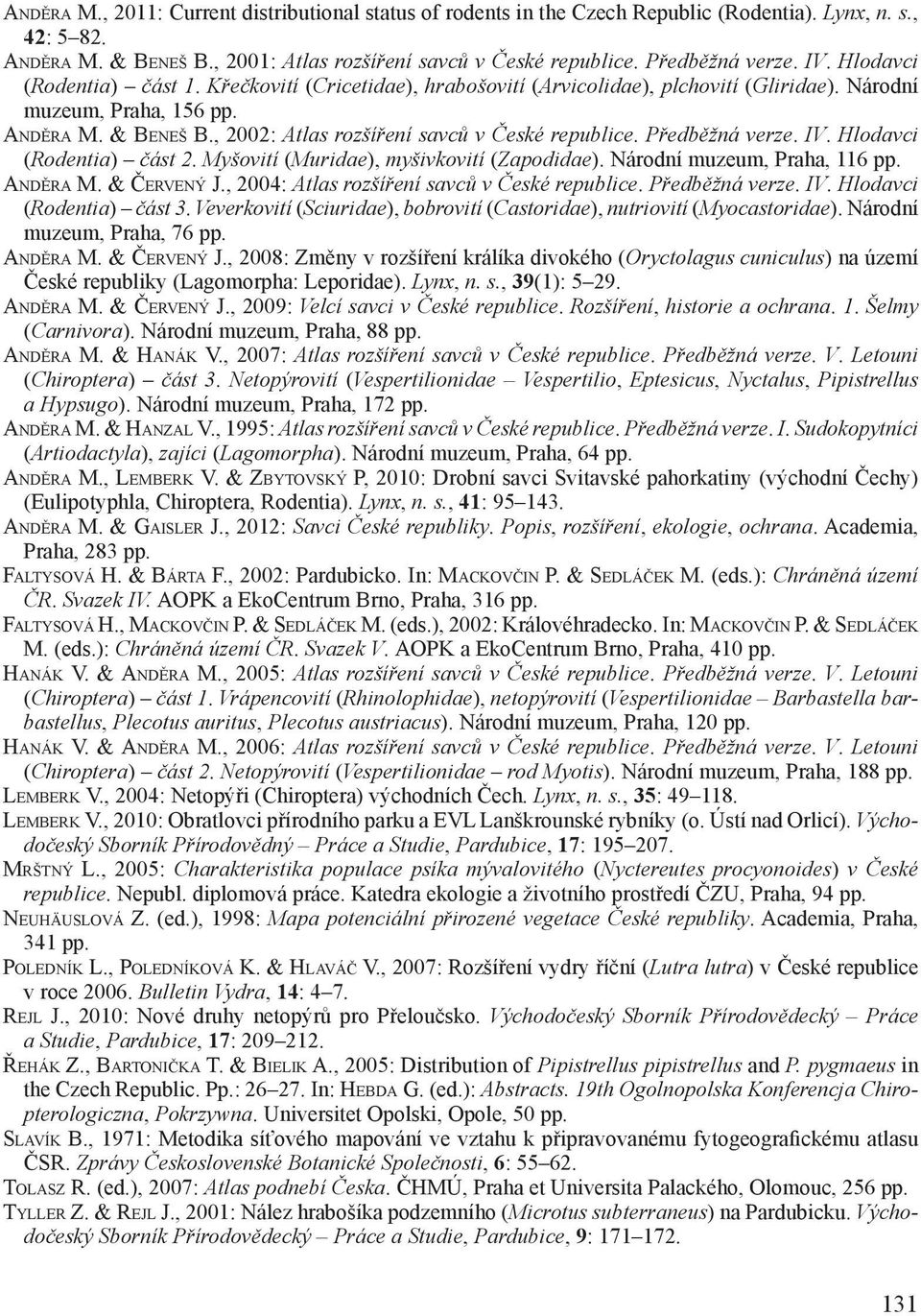 , 2002: Atlas rozšíření savců v České republice. Předběžná verze. IV. Hlodavci (Rodentia) část 2. Myšovití (Muridae), myšivkovití (Zapodidae). Národní muzeum, Praha, 116 pp. Anděra M. & Červený J.